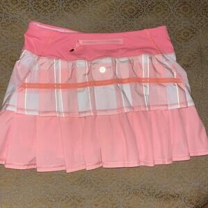 Lululemon Coral Pink Plaid Reflective Pace Setter Ruffled Back Skirt Skort SZ 4